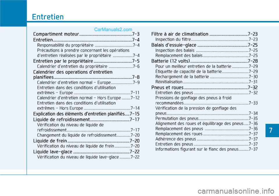 Hyundai Kona EV 2019  Manuel du propriétaire (in French) 77
Entretien
Compartiment moteur ............................................7-3
Entretien..................................................................7-4
Responsabilité du propriétaire .......