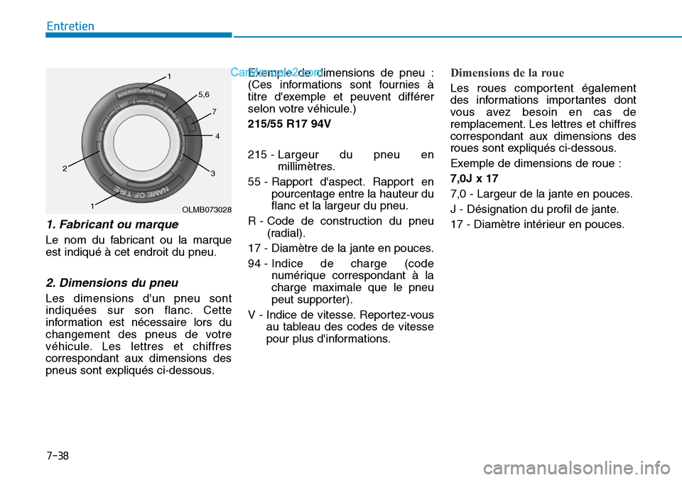 Hyundai Kona EV 2019  Manuel du propriétaire (in French) 7-38
Entretien
1. Fabricant ou marque
Le nom du fabricant ou la marque
est indiqué à cet endroit du pneu.
2. Dimensions du pneu
Les dimensions dun pneu sont
indiquées sur son flanc. Cette
informat