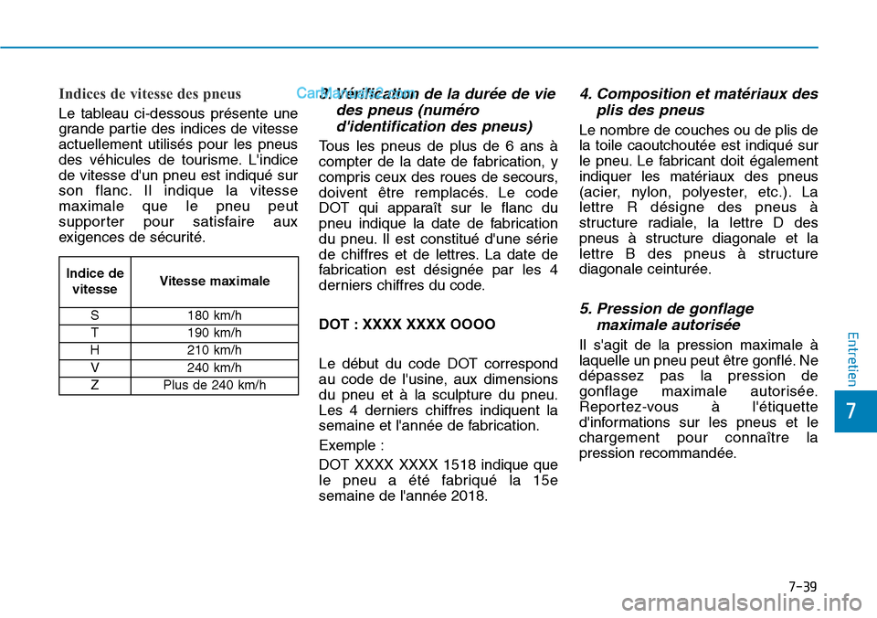 Hyundai Kona EV 2019  Manuel du propriétaire (in French) 7-39
7
Entretien
Indices de vitesse des pneus
Le tableau ci-dessous présente une
grande partie des indices de vitesse
actuellement utilisés pour les pneus
des véhicules de tourisme. Lindice
de vit
