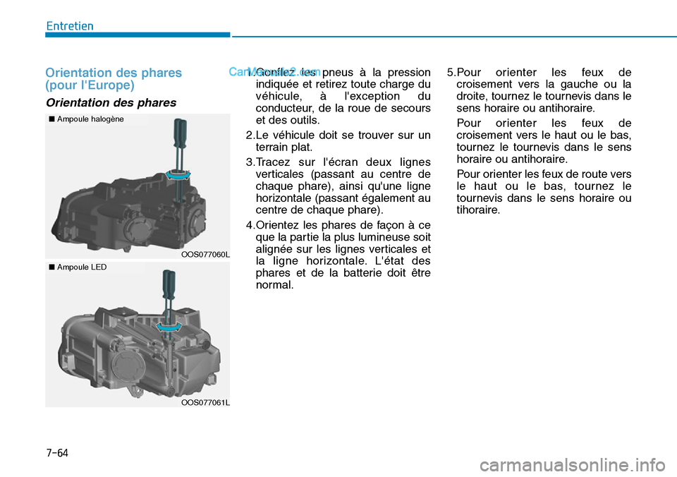Hyundai Kona EV 2019 Manuel du propriétaire (in French) 7-64
Entretien
Orientation des phares
(pour lEurope)
Orientation des phares
1.Gonflez les pneus à la pression
indiquée et retirez toute charge du
véhicule, à lexception du
conducteur, de la r Hyundai Kona EV 2019 Manuel du propriétaire (in French) 7-64
Entretien
Orientation des phares
(pour lEurope)
Orientation des phares
1.Gonflez les pneus à la pression
indiquée et retirez toute charge du
véhicule, à lexception du
conducteur, de la r