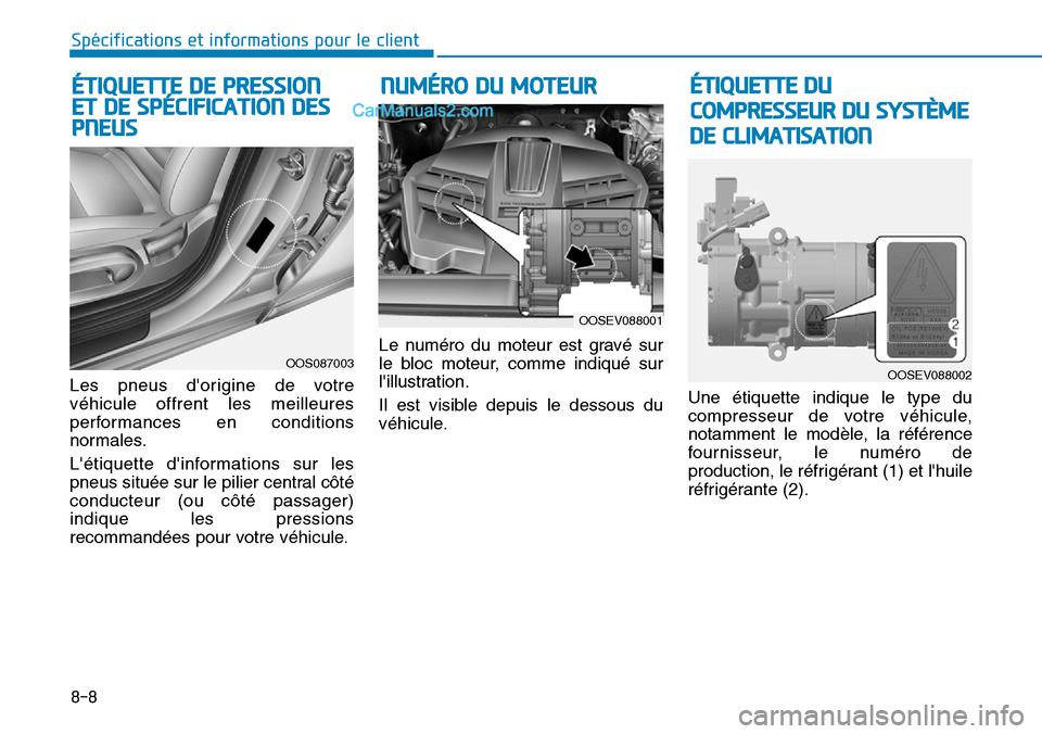 Hyundai Kona EV 2019  Manuel du propriétaire (in French) 8-8
Spécifications et informations pour le client
Les pneus dorigine de votre
véhicule offrent les meilleures
performances en conditions
normales.
Létiquette dinformations sur les
pneus située 