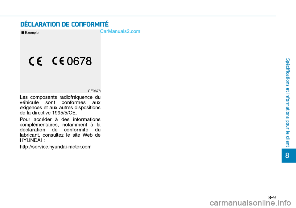 Hyundai Kona EV 2019  Manuel du propriétaire (in French) 8-9
8
Spécifications et informations pour le client
Les composants radiofréquence du
véhicule sont conformes aux
exigences et aux autres dispositions
de la directive 1995/5/CE.
Pour accéder à des