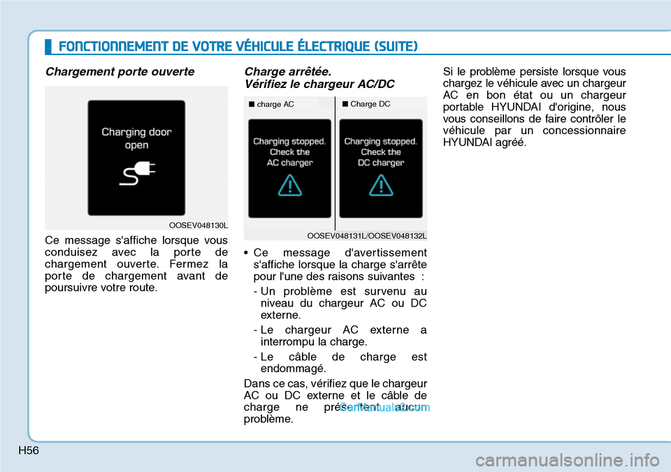 Hyundai Kona EV 2019 Manuel du propriétaire (in French) H56
FONCTIONNEMENT DE VOTRE VÉHICULE ÉLECTRIQUE (SUITE)
Chargement porte ouverte
Ce message saffiche lorsque vous
conduisez avec la porte de
chargement ouverte. Fermez la
porte de chargement avant Hyundai Kona EV 2019 Manuel du propriétaire (in French) H56
FONCTIONNEMENT DE VOTRE VÉHICULE ÉLECTRIQUE (SUITE)
Chargement porte ouverte
Ce message saffiche lorsque vous
conduisez avec la porte de
chargement ouverte. Fermez la
porte de chargement avant