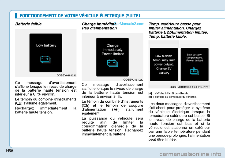 Hyundai Kona EV 2019 Manuel du propriétaire (in French) H58
FONCTIONNEMENT DE VOTRE VÉHICULE ÉLECTRIQUE (SUITE)
Batterie faible
Ce message davertissement
saffiche lorsque le niveau de charge
de la batterie haute tension est
inférieur à 8 % environ.
L Hyundai Kona EV 2019 Manuel du propriétaire (in French) H58
FONCTIONNEMENT DE VOTRE VÉHICULE ÉLECTRIQUE (SUITE)
Batterie faible
Ce message davertissement
saffiche lorsque le niveau de charge
de la batterie haute tension est
inférieur à 8 % environ.
L