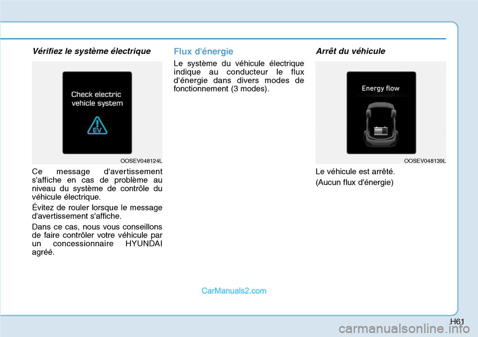 Hyundai Kona EV 2019 Manuel du propriétaire (in French) H61
Vérifiez le système électrique
Ce message davertissement
saffiche en cas de problème au
niveau du système de contrôle du
véhicule électrique.
Évitez de rouler lorsque le message
dave Hyundai Kona EV 2019 Manuel du propriétaire (in French) H61
Vérifiez le système électrique
Ce message davertissement
saffiche en cas de problème au
niveau du système de contrôle du
véhicule électrique.
Évitez de rouler lorsque le message
dave