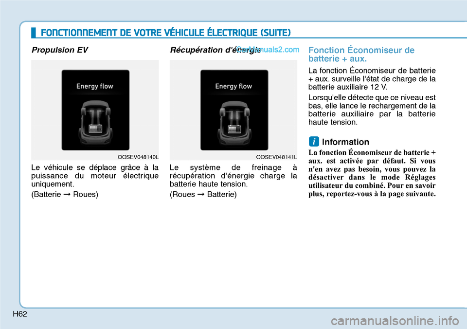 Hyundai Kona EV 2019 Manuel du propriétaire (in French) H62
FONCTIONNEMENT DE VOTRE VÉHICULE ÉLECTRIQUE (SUITE)
Propulsion EV
Le véhicule se déplace grâce à la
puissance du moteur électrique
uniquement.
(Batterie ➞Roues)
Récupération dénergie
Hyundai Kona EV 2019 Manuel du propriétaire (in French) H62
FONCTIONNEMENT DE VOTRE VÉHICULE ÉLECTRIQUE (SUITE)
Propulsion EV
Le véhicule se déplace grâce à la
puissance du moteur électrique
uniquement.
(Batterie ➞Roues)
Récupération dénergie