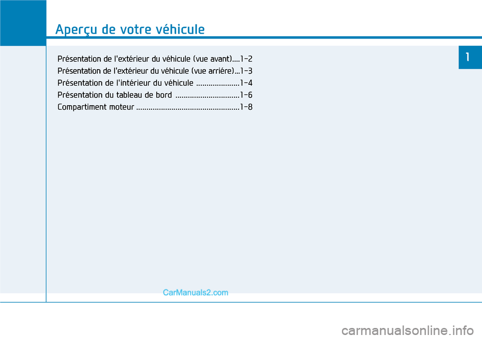 Hyundai Kona EV 2019 Manuel du propriétaire (in French) Aperçu de votre véhicule
1
Aperçu de votre véhicule
1Présentation de lextérieur du véhicule (vue avant)....1-2
Présentation de lextérieur du véhicule (vue arriére) ...1-3
Présentation d Hyundai Kona EV 2019 Manuel du propriétaire (in French) Aperçu de votre véhicule
1
Aperçu de votre véhicule
1Présentation de lextérieur du véhicule (vue avant)....1-2
Présentation de lextérieur du véhicule (vue arriére) ...1-3
Présentation d