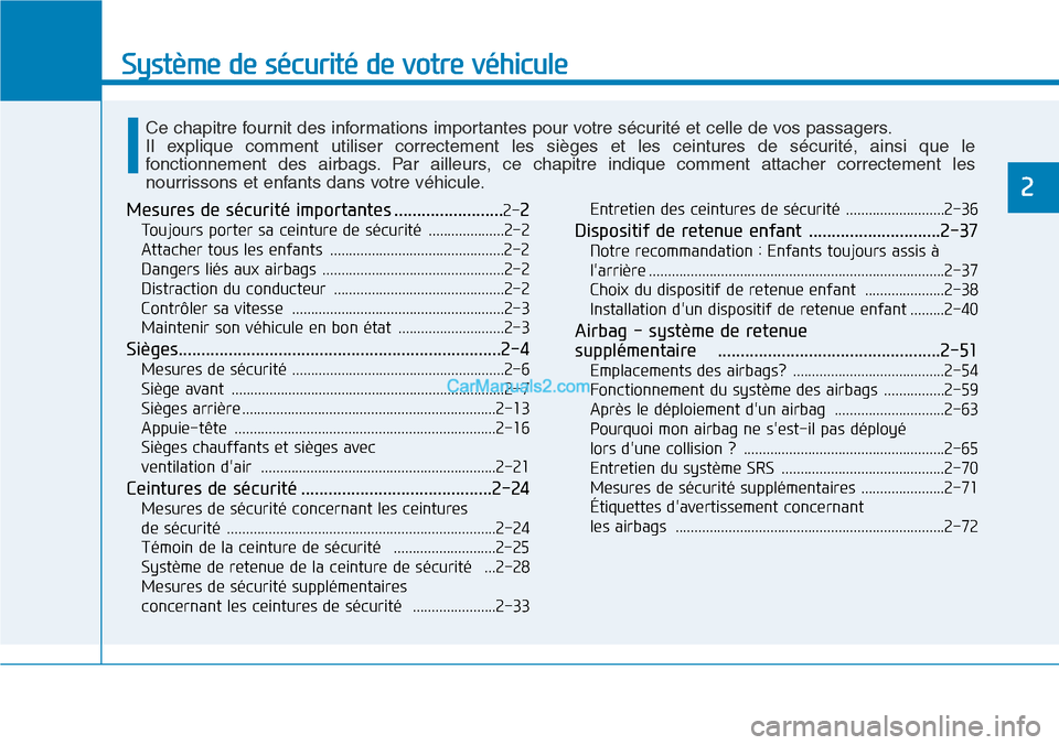 Hyundai Kona EV 2019 Manuel du propriétaire (in French) Système de sécurité de votre véhicule
2
Mesures de sécurité importantes ........................2-2
Toujours porter sa ceinture de sécurité ....................2-2
Attacher tous les enfants Hyundai Kona EV 2019 Manuel du propriétaire (in French) Système de sécurité de votre véhicule
2
Mesures de sécurité importantes ........................2-2
Toujours porter sa ceinture de sécurité ....................2-2
Attacher tous les enfants