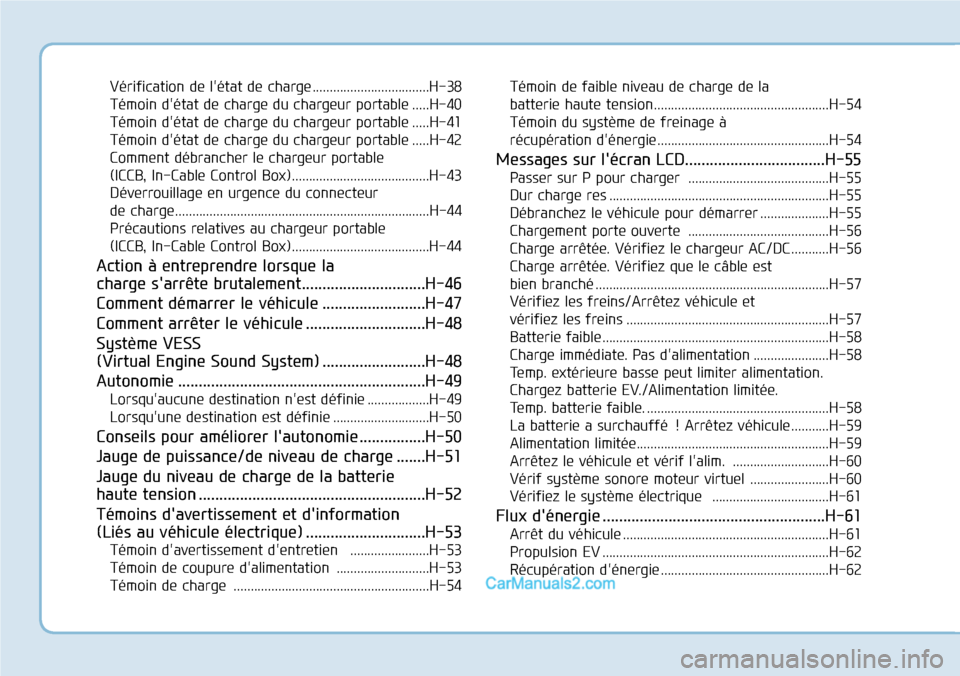 Hyundai Kona EV 2019  Manuel du propriétaire (in French) Vérification de létat de charge ..................................H-38
Témoin détat de charge du chargeur portable .....H-40
Témoin détat de charge du chargeur portable .....H-41
Témoin dé