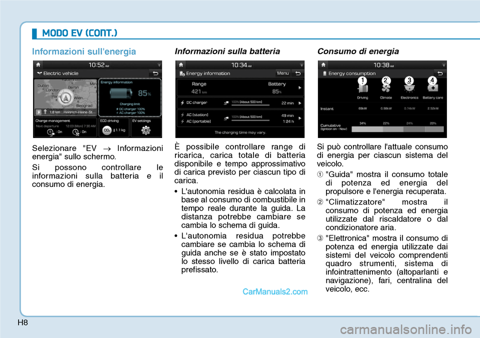 Hyundai Kona EV 2019 Manuale del proprietario (in Italian) H8
MODO EV (CONT.)
Informazioni sullenergia
Selezionare "EV →Informazioni
energia" sullo schermo.
Si possono controllare le
informazioni sulla batteria e il
consumo di energia.
Informazioni sulla b Hyundai Kona EV 2019 Manuale del proprietario (in Italian) H8
MODO EV (CONT.)
Informazioni sullenergia
Selezionare "EV →Informazioni
energia" sullo schermo.
Si possono controllare le
informazioni sulla batteria e il
consumo di energia.
Informazioni sulla b