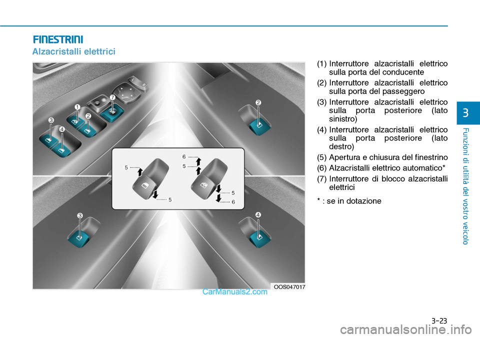 Hyundai Kona EV 2019 Manuale del proprietario (in Italian) 3-23
Funzioni di utilità del vostro veicolo
3
Alzacristalli elettrici
(1) Interruttore alzacristalli elettrico
sulla porta del conducente
(2) Interruttore alzacristalli elettrico
sulla porta del Hyundai Kona EV 2019 Manuale del proprietario (in Italian) 3-23
Funzioni di utilità del vostro veicolo
3
Alzacristalli elettrici
(1) Interruttore alzacristalli elettrico
sulla porta del conducente
(2) Interruttore alzacristalli elettrico
sulla porta del