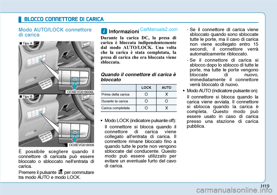 Hyundai Kona EV 2019 Manuale del proprietario (in Italian) H19
BLOCCO CONNETTORE DI CARICA
Modo AUTO/LOCK connettore
di carica
È possibile scegliere quando il
connettore di caricata può essere
bloccato o sbloccato nellentrata di
carica.
Premere il pulsante Hyundai Kona EV 2019 Manuale del proprietario (in Italian) H19
BLOCCO CONNETTORE DI CARICA
Modo AUTO/LOCK connettore
di carica
È possibile scegliere quando il
connettore di caricata può essere
bloccato o sbloccato nellentrata di
carica.
Premere il pulsante