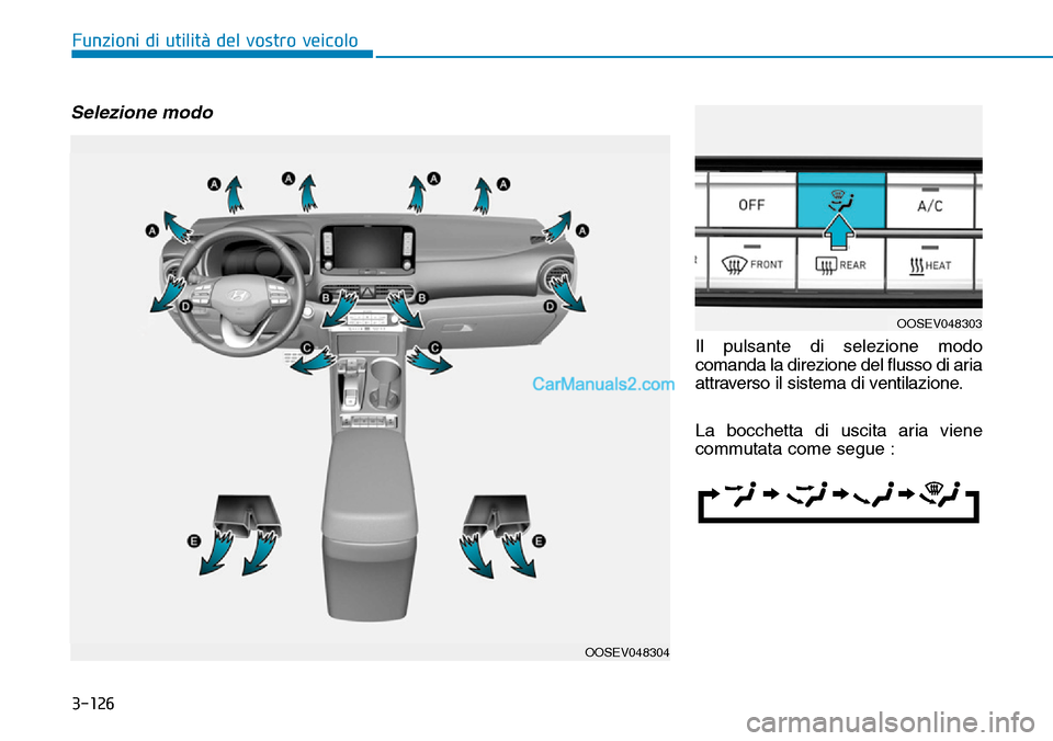 Hyundai Kona EV 2019 Manuale del proprietario (in Italian) 3-126
Funzioni di utilità del vostro veicolo
Selezione modo
Il pulsante di selezione modo
comanda la direzione del flusso di aria
attraverso il sistema di ventilazione.
La bocchetta di uscita aria vi Hyundai Kona EV 2019 Manuale del proprietario (in Italian) 3-126
Funzioni di utilità del vostro veicolo
Selezione modo
Il pulsante di selezione modo
comanda la direzione del flusso di aria
attraverso il sistema di ventilazione.
La bocchetta di uscita aria vi