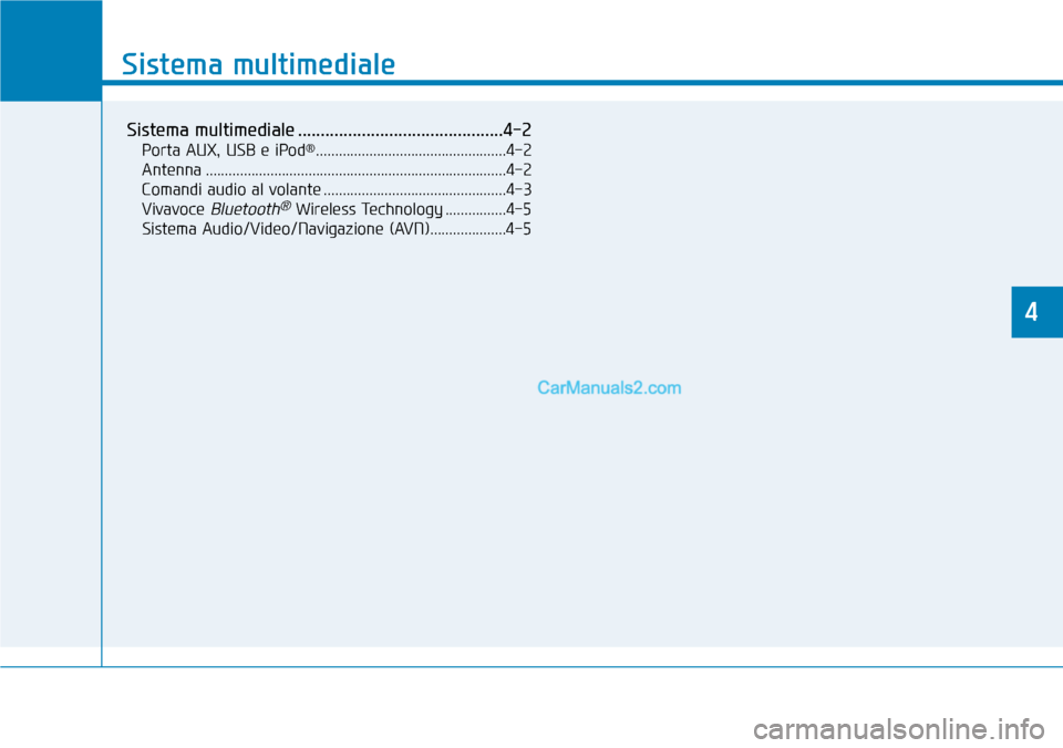 Hyundai Kona EV 2019 Manuale del proprietario (in Italian) Sistema multimediale
Sistema multimediale .............................................4-2
Porta AUX, USB e iPod®..................................................4-2
Antenna ........................ Hyundai Kona EV 2019 Manuale del proprietario (in Italian) Sistema multimediale
Sistema multimediale .............................................4-2
Porta AUX, USB e iPod®..................................................4-2
Antenna ........................