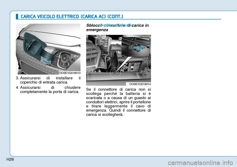Hyundai Kona EV 2019  Manuale del proprietario (in Italian) H28
CARICA VEICOLO ELETTRICO(CARICA AC)(CONT.)
3. Assicurarsi di installare il
coperchio di entrata carica.
4. Assicurarsi di chiudere
completamente la porta di carica.
Sblocco connettore di carica in