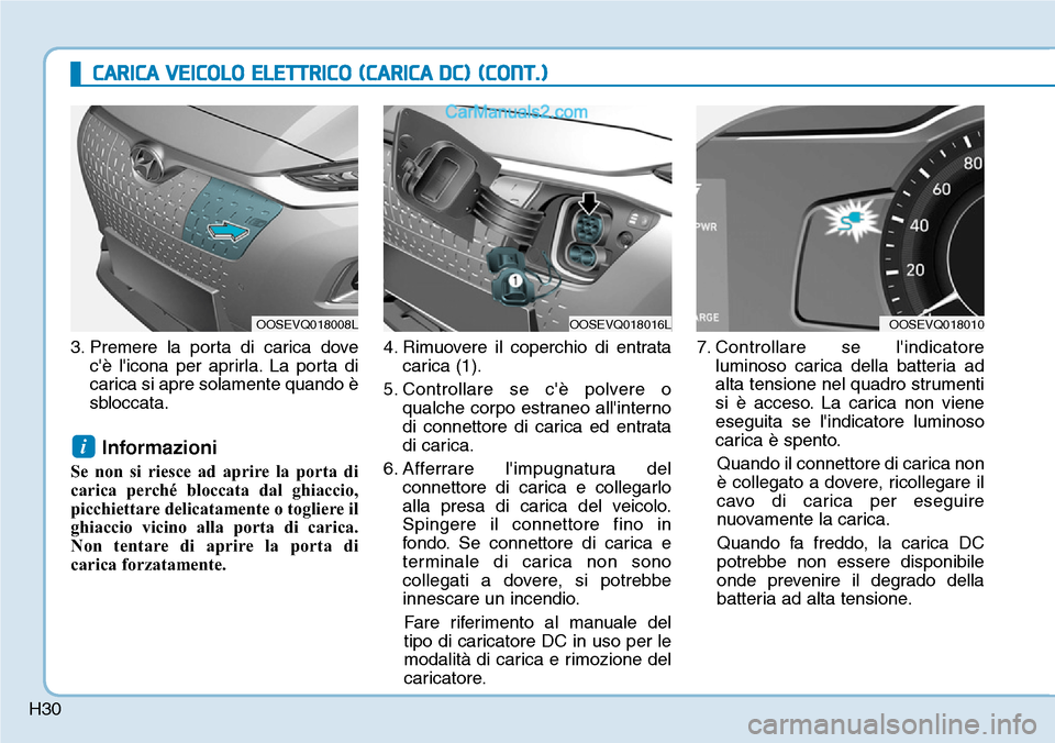 Hyundai Kona EV 2019  Manuale del proprietario (in Italian) H30
CARICA VEICOLO ELETTRICO (CARICA DC) (CONT.)
3. Premere la porta di carica dove
c