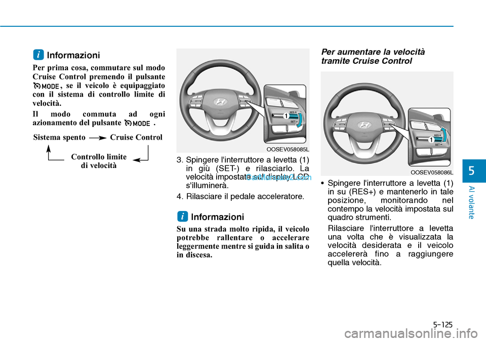 Hyundai Kona EV 2019 Manuale del proprietario (in Italian) 5-125
Al volante
5
Informazioni
Per prima cosa, commutare sul modo
Cruise Control premendo il pulsante
, se il veicolo è equipaggiato
con il sistema di controllo limite di
velocità.
Il modo commut Hyundai Kona EV 2019 Manuale del proprietario (in Italian) 5-125
Al volante
5
Informazioni
Per prima cosa, commutare sul modo
Cruise Control premendo il pulsante
, se il veicolo è equipaggiato
con il sistema di controllo limite di
velocità.
Il modo commut
