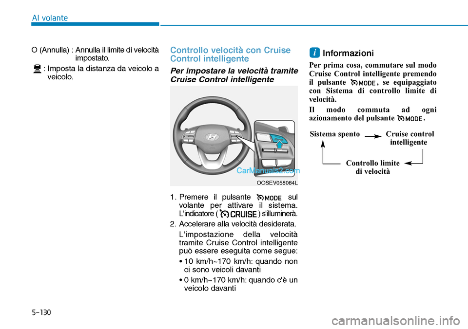 Hyundai Kona EV 2019 Manuale del proprietario (in Italian) 5-130
Al volante
O (Annulla) : Annulla il limite di velocità
impostato.
: Imposta la distanza da veicolo a
veicolo.
Controllo velocità con Cruise
Control intelligente
Per impostare la velocità tra Hyundai Kona EV 2019 Manuale del proprietario (in Italian) 5-130
Al volante
O (Annulla) : Annulla il limite di velocità
impostato.
: Imposta la distanza da veicolo a
veicolo.
Controllo velocità con Cruise
Control intelligente
Per impostare la velocità tra