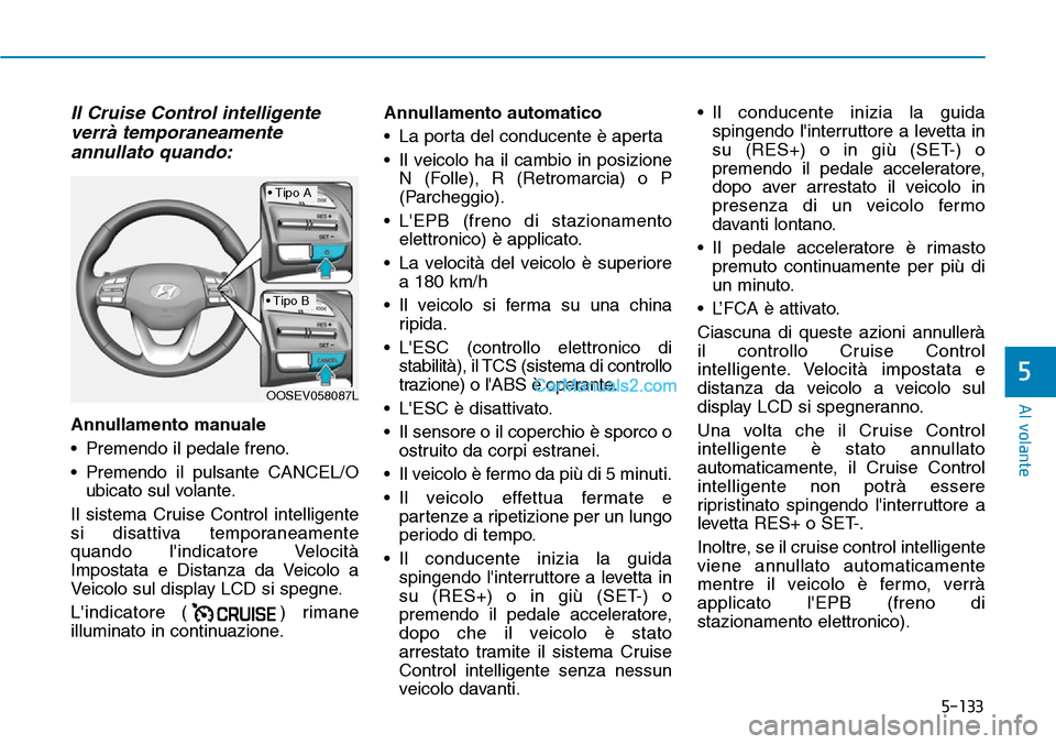 Hyundai Kona EV 2019 Manuale del proprietario (in Italian) 5-133
Al volante
5
Il Cruise Control intelligente
verrà temporaneamente
annullato quando:
Annullamento manuale
• Premendo il pedale freno.
• Premendo il pulsante CANCEL/O
ubicato sul volante.
Il Hyundai Kona EV 2019 Manuale del proprietario (in Italian) 5-133
Al volante
5
Il Cruise Control intelligente
verrà temporaneamente
annullato quando:
Annullamento manuale
• Premendo il pedale freno.
• Premendo il pulsante CANCEL/O
ubicato sul volante.
Il