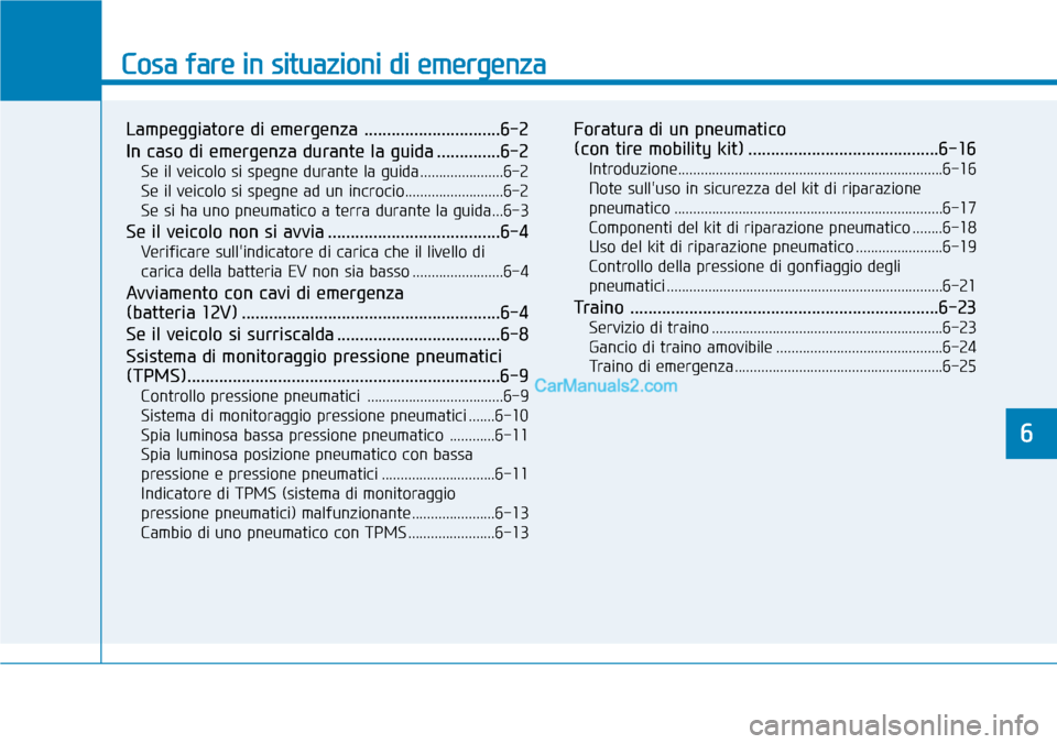 Hyundai Kona EV 2019  Manuale del proprietario (in Italian) Cosa fare in situazioni di emergenza
Lampeggiatore di emergenza ..............................6-2
In caso di emergenza durante la guida ..............6-2
Se il veicolo si spegne durante la guida......