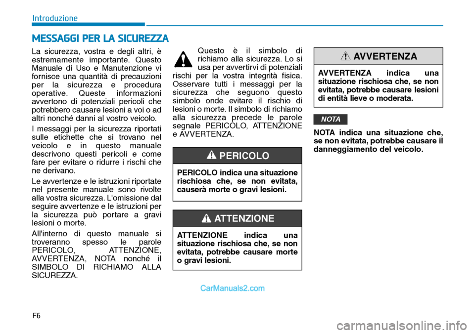 Hyundai Kona EV 2019  Manuale del proprietario (in Italian) F6
Introduzione
La sicurezza, vostra e degli altri, è
estremamente importante. Questo
Manuale di Uso e Manutenzione vi
fornisce una quantità di precauzioni
per la sicurezza e procedura
operative. Qu