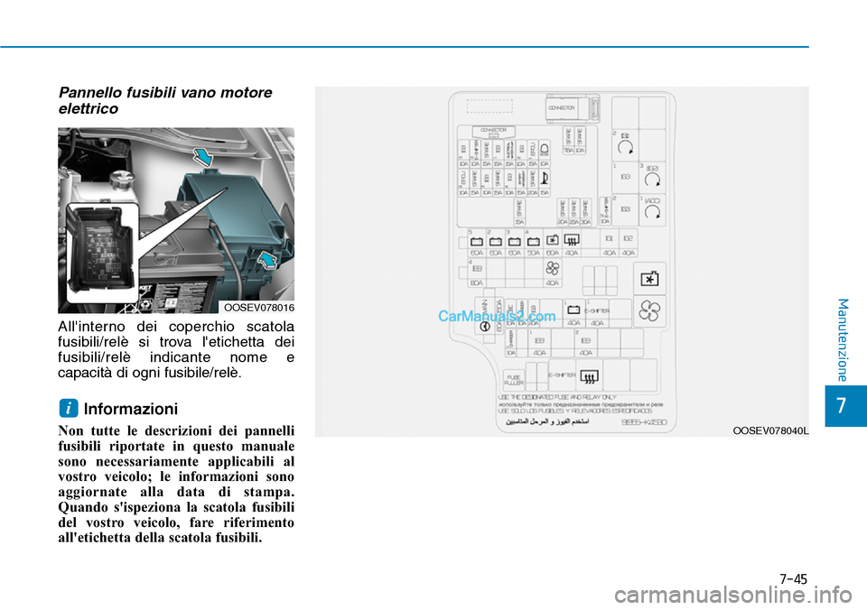 Hyundai Kona EV 2019  Manuale del proprietario (in Italian) 7-45
7
Manutenzione
Pannello fusibili vano motore
elettrico
Allinterno dei coperchio scatola
fusibili/relè si trova letichetta dei
fusibili/relè indicante nome e
capacità di ogni fusibile/relè.

