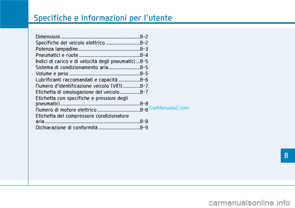 Hyundai Kona EV 2019 Manuale del proprietario (in Italian) 8
Specifiche e Informazioni per lutente
8
Specifiche e Informazioni per lutente
8
Dimensioni ...............................................................8-2
Specifiche del veicolo elettrico ..... Hyundai Kona EV 2019 Manuale del proprietario (in Italian) 8
Specifiche e Informazioni per lutente
8
Specifiche e Informazioni per lutente
8
Dimensioni ...............................................................8-2
Specifiche del veicolo elettrico .....