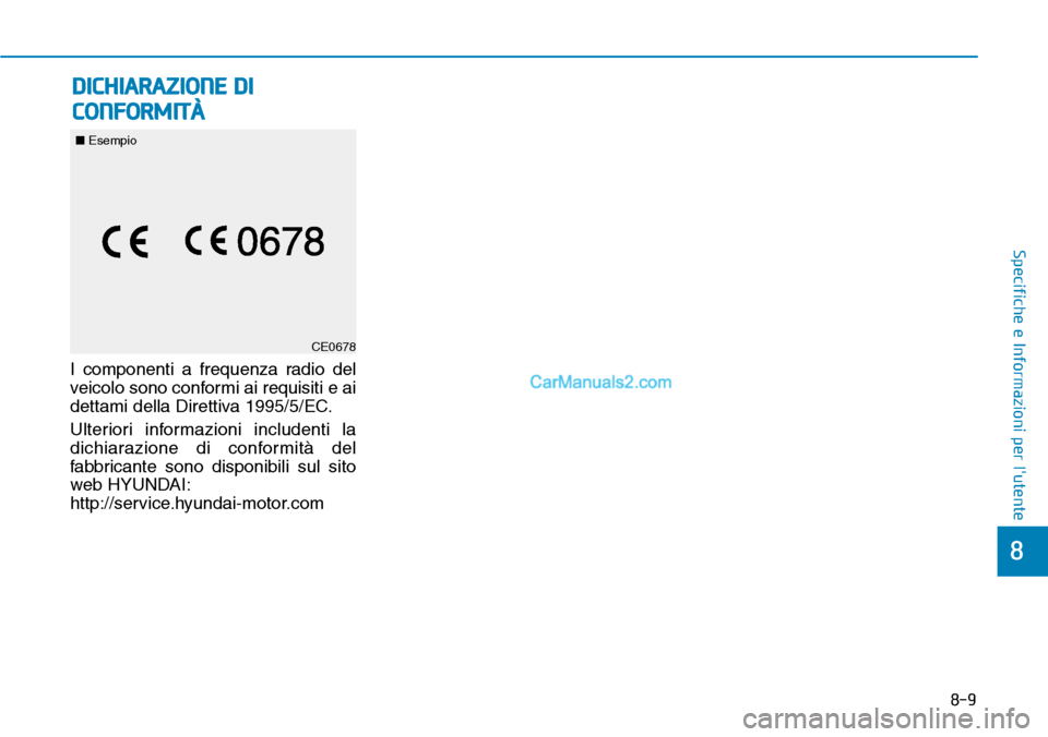 Hyundai Kona EV 2019 Manuale del proprietario (in Italian) 8-9
8
Specifiche e Informazioni per lutente
I componenti a frequenza radio del
veicolo sono conformi ai requisiti e ai
dettami della Direttiva 1995/5/EC.
Ulteriori informazioni includenti la
dichiara Hyundai Kona EV 2019 Manuale del proprietario (in Italian) 8-9
8
Specifiche e Informazioni per lutente
I componenti a frequenza radio del
veicolo sono conformi ai requisiti e ai
dettami della Direttiva 1995/5/EC.
Ulteriori informazioni includenti la
dichiara