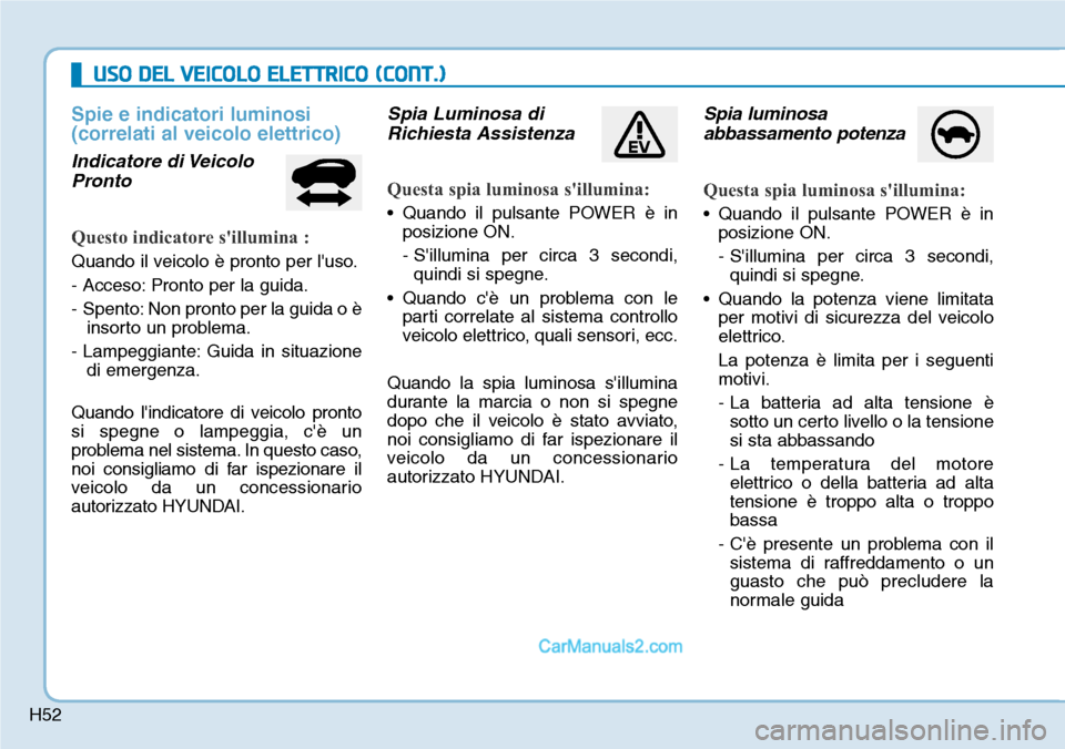 Hyundai Kona EV 2019  Manuale del proprietario (in Italian) H52
USO DEL VEICOLO ELETTRICO (CONT.)
Spie e indicatori luminosi
(correlati al veicolo elettrico)
Indicatore di Veicolo
Pronto
Questo indicatore sillumina :
Quando il veicolo è pronto per luso.
- A