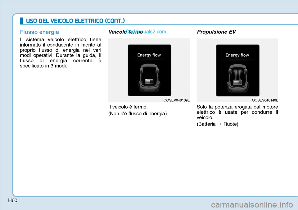 Hyundai Kona EV 2019 Manuale del proprietario (in Italian) H60
USO DEL VEICOLO ELETTRICO (CONT.)
Flusso energia
Il sistema veicolo elettrico tiene
informato il conducente in merito al
proprio flusso di energia nei vari
modi operativi. Durante la guida, il
flu Hyundai Kona EV 2019 Manuale del proprietario (in Italian) H60
USO DEL VEICOLO ELETTRICO (CONT.)
Flusso energia
Il sistema veicolo elettrico tiene
informato il conducente in merito al
proprio flusso di energia nei vari
modi operativi. Durante la guida, il
flu