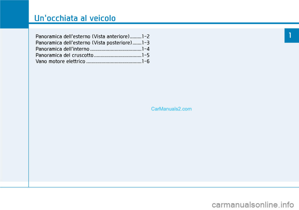 Hyundai Kona EV 2019  Manuale del proprietario (in Italian) Unocchiata al veicolo
1
Unocchiata al veicolo
1Panoramica dellesterno (Vista anteriore) .........1-2
Panoramica dellesterno (Vista posteriore) .......1-3
Panoramica dellinterno ..................