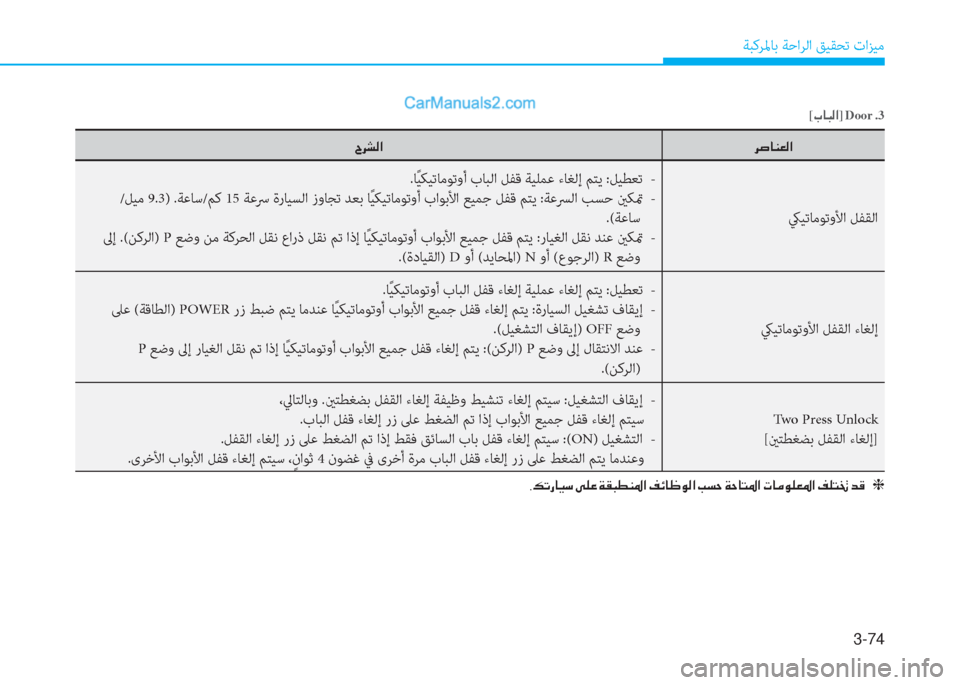 Hyundai Kona EV 2019  دليل المالك 3-74
ﺔﺒﻛﺮﳌﺎﺑ ﺔﺣاﺮﻟا ﻖﻴﻘﺤﺗ تاﺰﻴﻣ
�h�s�@�Á�¥�¸�? �^�h�p�¸�?
كيﻴﺗﺎﻣﻮﺗوﻷا ﻞﻔﻘﻟا .ﺎً ﻴﻜﻴﺗﺎﻣﻮﺗوأ بﺎﺒﻟا 