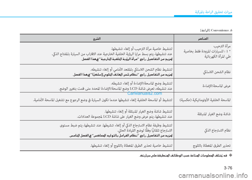 Hyundai Kona EV 2019  دليل المالك 3-76
ﺔﺒﻛﺮﳌﺎﺑ ﺔﺣاﺮﻟا ﻖﻴﻘﺤﺗ تاﺰﻴﻣ
�h�s�@�Á�¥�¸�? �^�h�p�¸�?
ﺐﻴﺣﱰﻟا ةآﺮﻣ
ﺔﻴﺻﺎﺨﺑ ﻂﻘﻓ ةدوﺰﳌا تارﺎﻴﺴﻠﻟ :