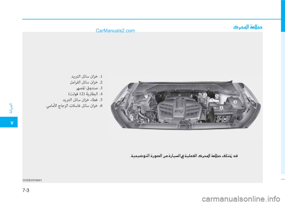 Hyundai Kona EV 2019  دليل المالك 7-3
�5
ﺔﻧﺎﻴﺼﻟا
OOSEV078001
�·�h��?��Î��T�W
ﺪﻳﱪﺘﻟا ﻞﺋﺎﺳ ناﺰﺧ  .1
ﻞﻣاﺮﻔﻟا ﻞﺋﺎﺳ ناﺰﺧ  .2
ﺮﻬﺼﳌا قوﺪﻨﺻ  .3
(ﺖﻟﻮ