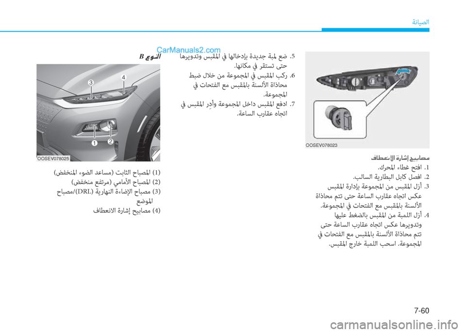 Hyundai Kona EV 2019  دليل المالك 7-60
ﺔﻧﺎﻴﺼﻟا
 ﺎﻫﺮﻳوﺪﺗو ﺲﺒﻘﳌا ﰲ ﺎﻬﻟﺎﺧدﺈﺑ ةﺪﻳﺪﺟ ﺔﺒﳌ ﻊﺿ  .5
.ﺎﻬﻧﺎﻜﻣ ﰲ ﺮﻘﺘﺴﺗ ﻰﺘﺣ
 ﻂﺒﺿ لﻼﺧ 