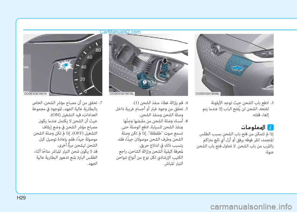 Hyundai Kona EV 2019  دليل المالك H29
OOSEVQ018008LOOSEVQ018016LOOSEVQ018010
 صﺎﺨﻟا ،ﻦﺤﺸﻟا ﴍﺆﻣ حﺎﺒﺼﻣ نأ ﻦﻣ ﻖﻘﺤﺗ  .7
 ﺔﻋﻮﻤﺠﻣ ﰲ دﻮﺟﻮﳌا ،ﺪﻬﺠﻟا ﺔﻴﻟﺎ