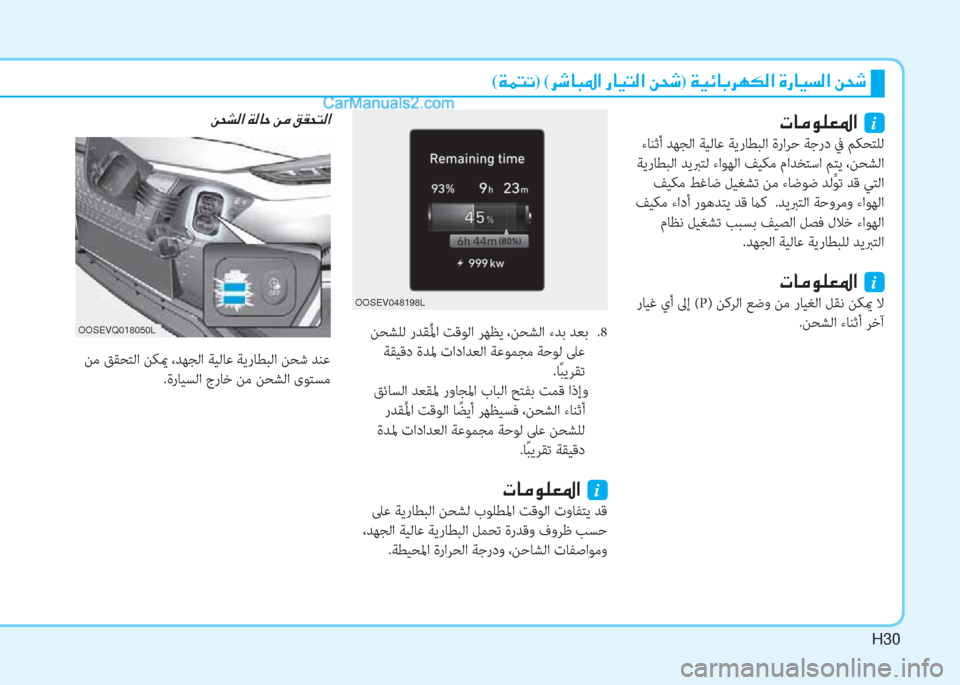 Hyundai Kona EV 2019  دليل المالك H30
�N�@�¼�É�¹�¥�›�?��i
 ءﺎﻨﺛأ ﺪﻬﺠﻟا ﺔﻴﻟﺎﻋ ﺔﻳرﺎﻄﺒﻟا ةراﺮﺣ ﺔﺟرد ﰲ ﻢﻜﺤﺘﻠﻟ
 ﺔﻳرﺎﻄﺒﻟا ﺪﻳﱪﺘﻟ ءاﻮﻬ