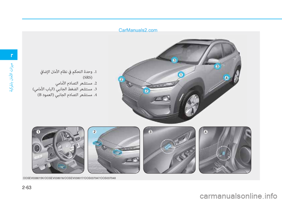 Hyundai Kona EV 2019  دليل المالك 2-63
ﺔﺒﻛﺮﳌﺎﺑ نﺎﻣﻷا تاﺰﻴﻣ
�0
OOSEV038015K/OOSEV038016/OOSEV038017/OOS037047/OOS037048
 ﰲﺎﺿﻹا نﺎﻣﻷا مﺎﻈﻧ ﰲ ﻢﻜﺤﺘﻟا ةﺪﺣو  .1
 (SRS)