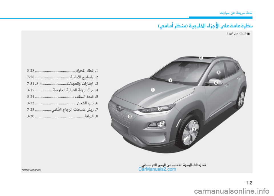 Hyundai Kona EV 2019  دليل المالك 1-2
ﻚﺗرﺎﻴﺳ ﻦﻋ ﺔﻌﻳﴎ ﺔﺤﳌ
OOSEV018001L
(�Ì�¼�@�¼�A��h�¡�Á�¼)��Ï�Ë�S�g�@�†�?��Ò�?�j�S�Û�?��Ð�¹�¤��Ï�¼�@�¤��Î�h�¡�À
3-28 ............................