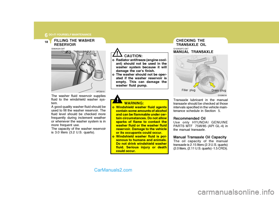 Hyundai Matrix 2007  Owners Manual 6 DO-IT-YOURSELF MAINTENANCE
18CHECKING THE TRANSAXLE OIL
!
CAUTION:
o Radiator antifreeze (engine cool- ant) should not be used in the washer system because it will damage the cars finish.
o The was