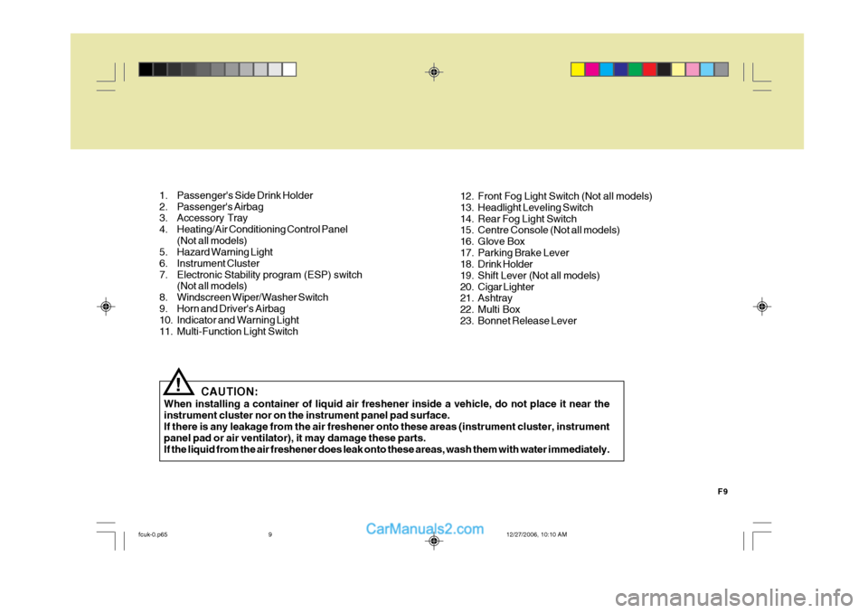 Hyundai Matrix 2007 Owners Guide F9
CAUTION:
When installing a container of liquid air freshener inside a vehicle, do not place it near the instrument cluster nor on the instrument panel pad surface. If there is any leakage from the Hyundai Matrix 2007 Owners Guide F9
CAUTION:
When installing a container of liquid air freshener inside a vehicle, do not place it near the instrument cluster nor on the instrument panel pad surface. If there is any leakage from the