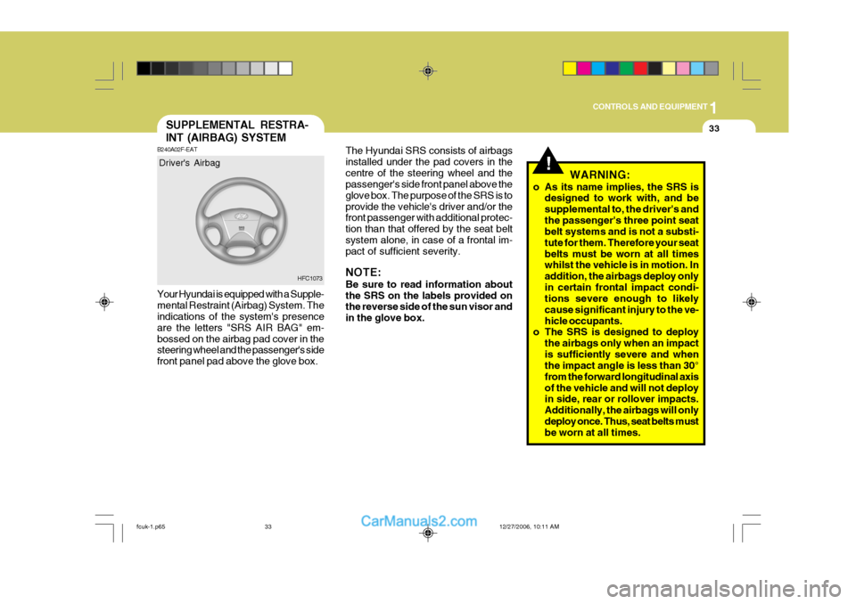 Hyundai Matrix 2007 Owners Manual 1
CONTROLS AND EQUIPMENT
33
!
SUPPLEMENTAL RESTRA- INT (AIRBAG) SYSTEM
HFC1073
Drivers Airbag
B240A02F-EAT Your Hyundai is equipped with a Supple- mental Restraint (Airbag) System. The indications of Hyundai Matrix 2007 Owners Manual 1
CONTROLS AND EQUIPMENT
33
!
SUPPLEMENTAL RESTRA- INT (AIRBAG) SYSTEM
HFC1073
Drivers Airbag
B240A02F-EAT Your Hyundai is equipped with a Supple- mental Restraint (Airbag) System. The indications of