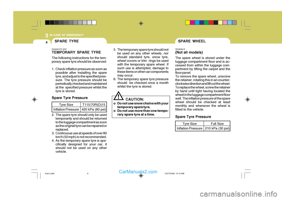 Hyundai Matrix 2007 Owners Manual 3 IN CASE OF EMERGENCY
6SPARE WHEELSPARE TYRE
D040A01FC-EAT TEMPORARY SPARE TYRE The following instructions for the tem- porary spare tyre should be observed:
1. Check inflation pressure as soon as p Hyundai Matrix 2007 Owners Manual 3 IN CASE OF EMERGENCY
6SPARE WHEELSPARE TYRE
D040A01FC-EAT TEMPORARY SPARE TYRE The following instructions for the tem- porary spare tyre should be observed:
1. Check inflation pressure as soon as p