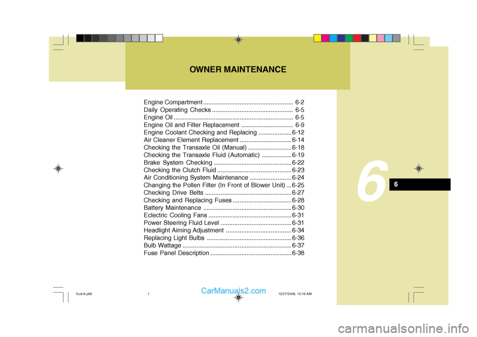 Hyundai Matrix 2007  Owners Manual Engine Compartment .................................................... 6-2 
Daily Operating Checks ............................................... 6-5
Engine Oil .....................................