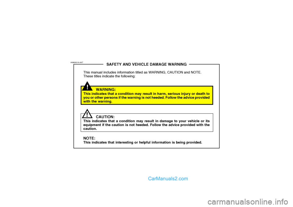 Hyundai Matrix 2007  Owners Manual !
SAFETY AND VEHICLE DAMAGE WARNING
This manual includes information titled as WARNING, CAUTION and NOTE. These titles indicate the following:
WARNING:
This indicates that a condition may result in ha