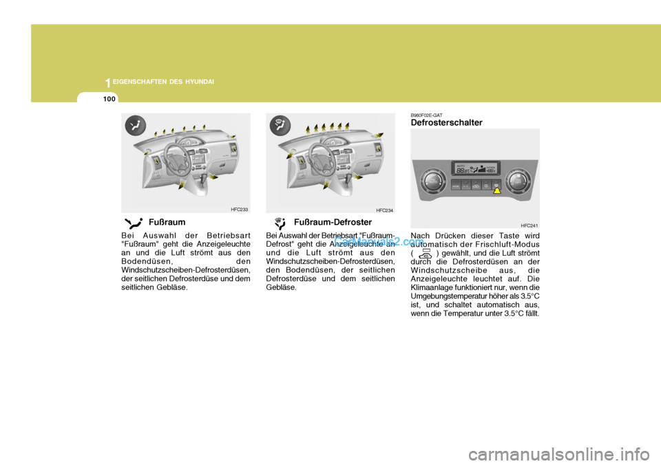 Hyundai Matrix 2007 Betriebsanleitung (in German) 1EIGENSCHAFTEN DES HYUNDAI
100
B980F02E-GAT Defrosterschalter Nach Drücken dieser Taste wird
automatisch der Frischluft-Modus ( ) gewählt, und die Luft strömt
durch die Defrosterdüsen an d Hyundai Matrix 2007 Betriebsanleitung (in German) 1EIGENSCHAFTEN DES HYUNDAI
100
B980F02E-GAT Defrosterschalter Nach Drücken dieser Taste wird
automatisch der Frischluft-Modus ( ) gewählt, und die Luft strömt
durch die Defrosterdüsen an d