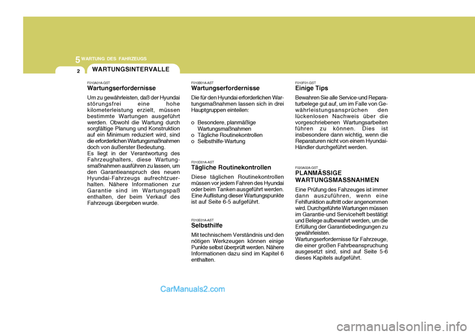 Hyundai Matrix 2007  Betriebsanleitung (in German) 5WARTUNG DES FAHRZEUGS
2WARTUNGSINTERVALLE
F010F01-GST
Einige Tips
Bewahren Sie alle Service-und Repara-
turbelege gut auf, um im Falle von Ge- währleistungsansprüchen den lückenlosen Nachweis übe