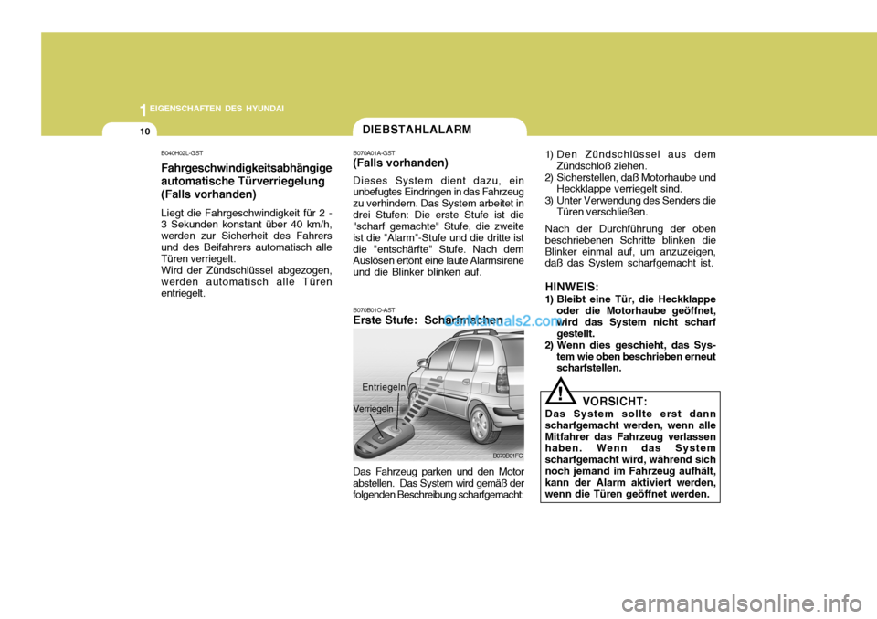 Hyundai Matrix 2007  Betriebsanleitung (in German) 1EIGENSCHAFTEN DES HYUNDAI
10
B040H02L-GST Fahrgeschwindigkeitsabhängige automatische Türverriegelung 
(Falls vorhanden) Liegt die Fahrgeschwindigkeit für 2 - 3 Sekunden konstant über 40 km/h, wer