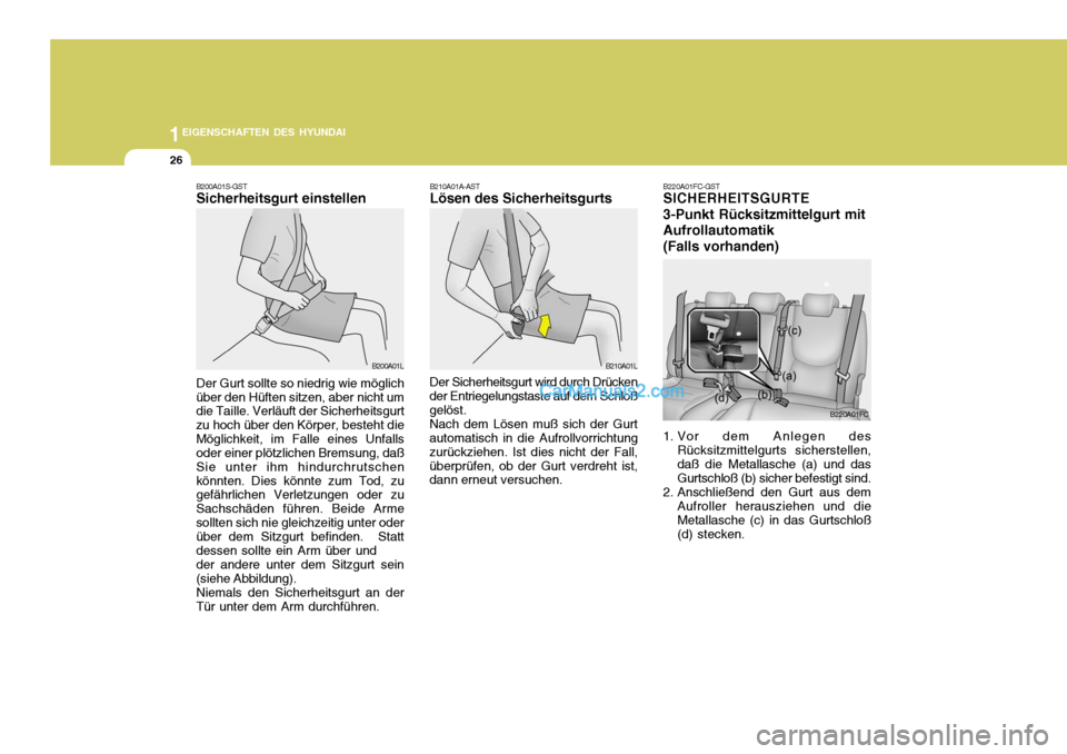 Hyundai Matrix 2007  Betriebsanleitung (in German) 1EIGENSCHAFTEN DES HYUNDAI
26
B200A01S-GST Sicherheitsgurt einstellen Der Gurt sollte so niedrig wie möglich über den Hüften sitzen, aber nicht um die Taille. Verläuft der Sicherheitsgurt zu hoch 