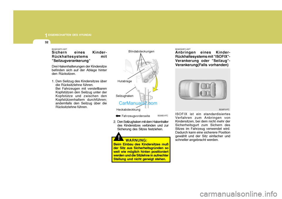 Hyundai Matrix 2007 Betriebsanleitung (in German) 1EIGENSCHAFTEN DES HYUNDAI
32
B230D03FC-GST Anbringen eines Kinder- Rückhaltesystems mit "ISOFIX"-Verankerung oder "Seilzug"-Verankerung(Falls vorhanden)
ISOFIX ist ein standardisiertes
Verfahren zum Hyundai Matrix 2007 Betriebsanleitung (in German) 1EIGENSCHAFTEN DES HYUNDAI
32
B230D03FC-GST Anbringen eines Kinder- Rückhaltesystems mit "ISOFIX"-Verankerung oder "Seilzug"-Verankerung(Falls vorhanden)
ISOFIX ist ein standardisiertes
Verfahren zum